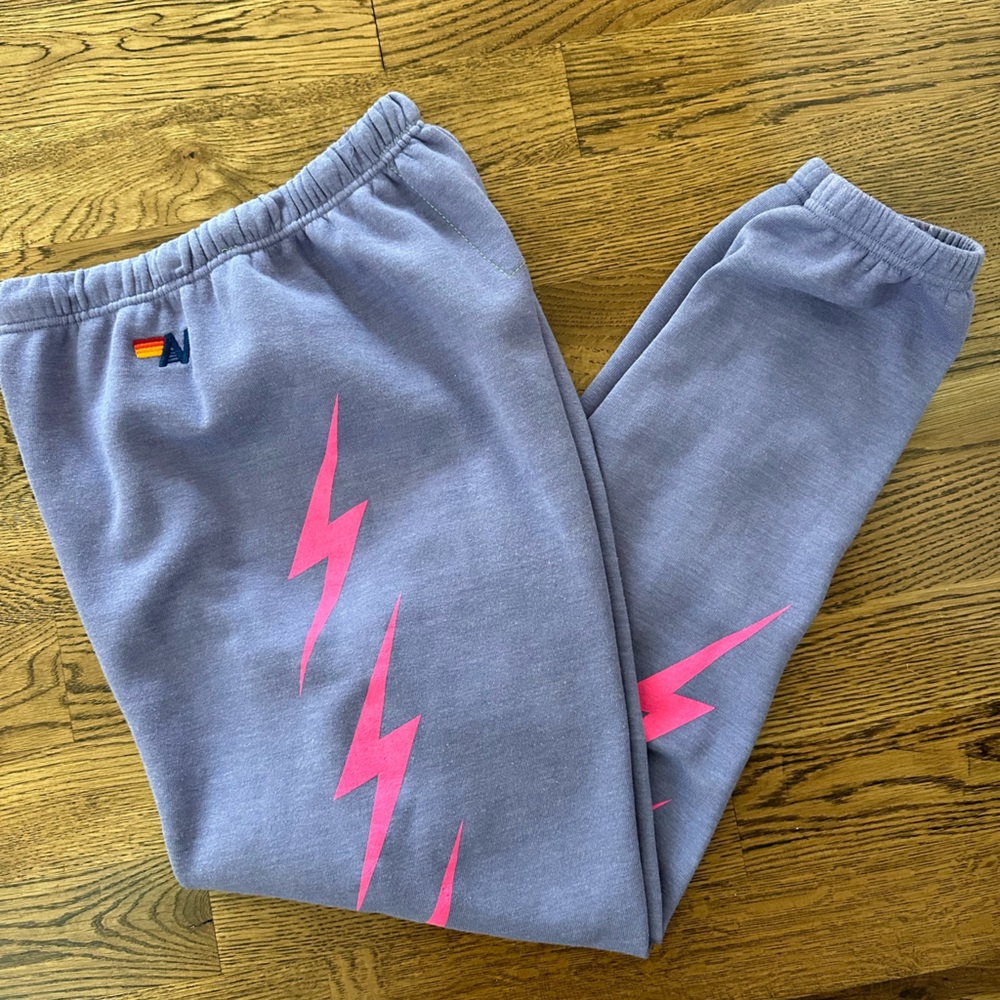 Aviator Nation Purple Neon Pink Bolt Sweatpants size Medium